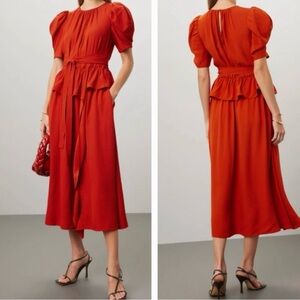 Ulla Johnson Marion Puff-Sleeve Belted Peplum Midi Dress Size 2 CL